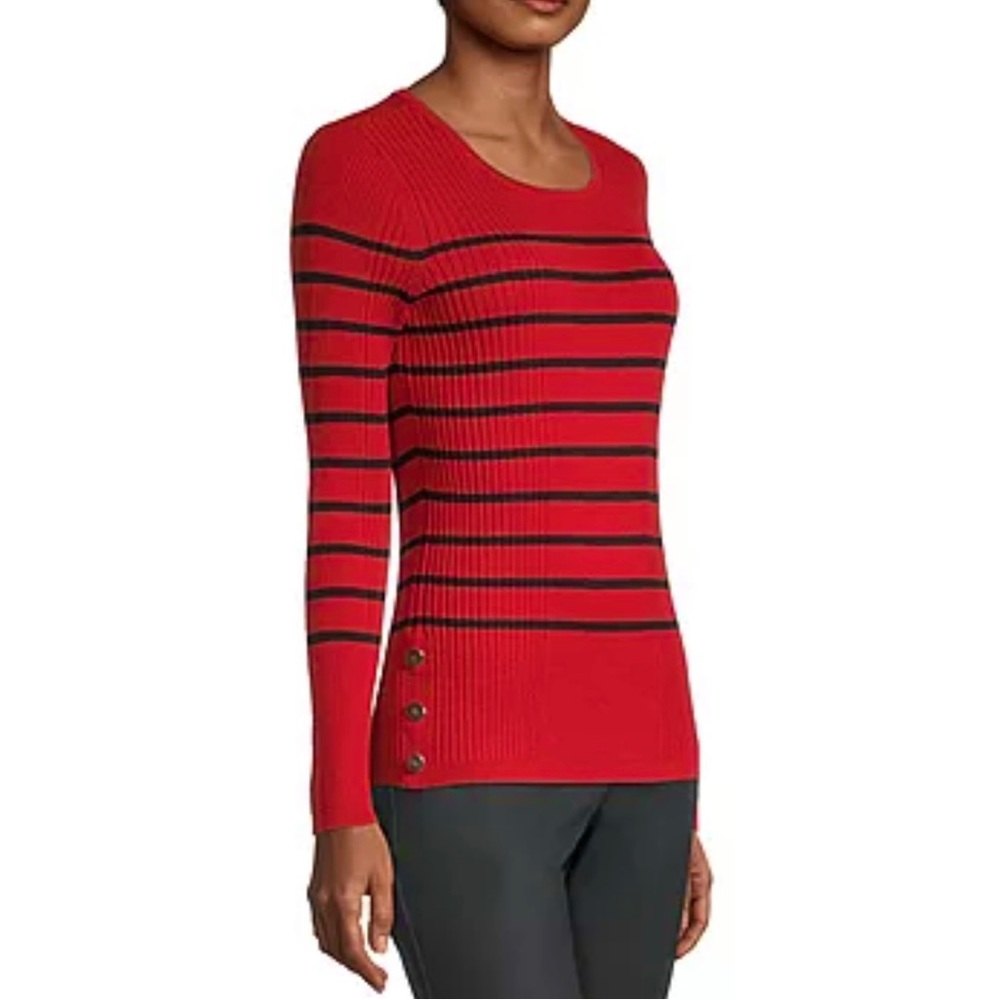 Liz Claiborne Red Striped Crew Neck Sweater with Gold Button Detail Size M